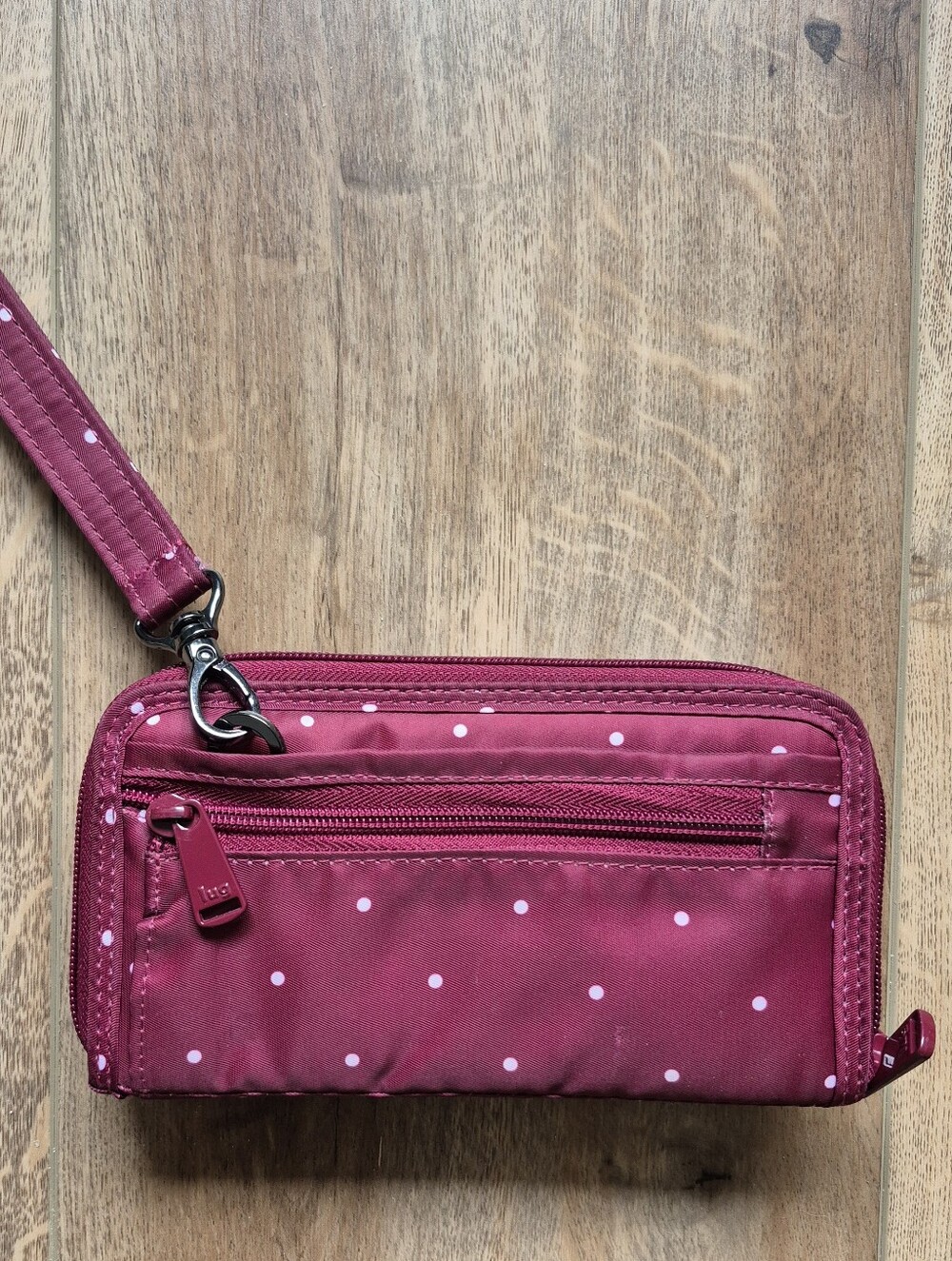 lug Kickflip Women's Quilted Wristlet Wallet in Raspberry Polka Dot RFID - Picture 6 of 8